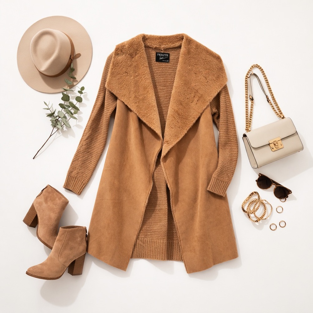 Twelfth Love Faux Fur Suede Knit Open Front Cardigan Jacket Camel Tan Medium